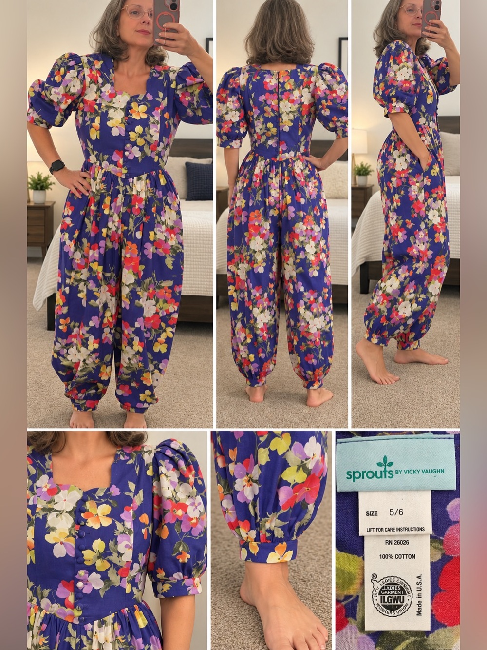 Vintage 1980s Sprouts Vicky Vaughn Floral Cotton Jumpsuit Sz 5/6 USA Cottagecore